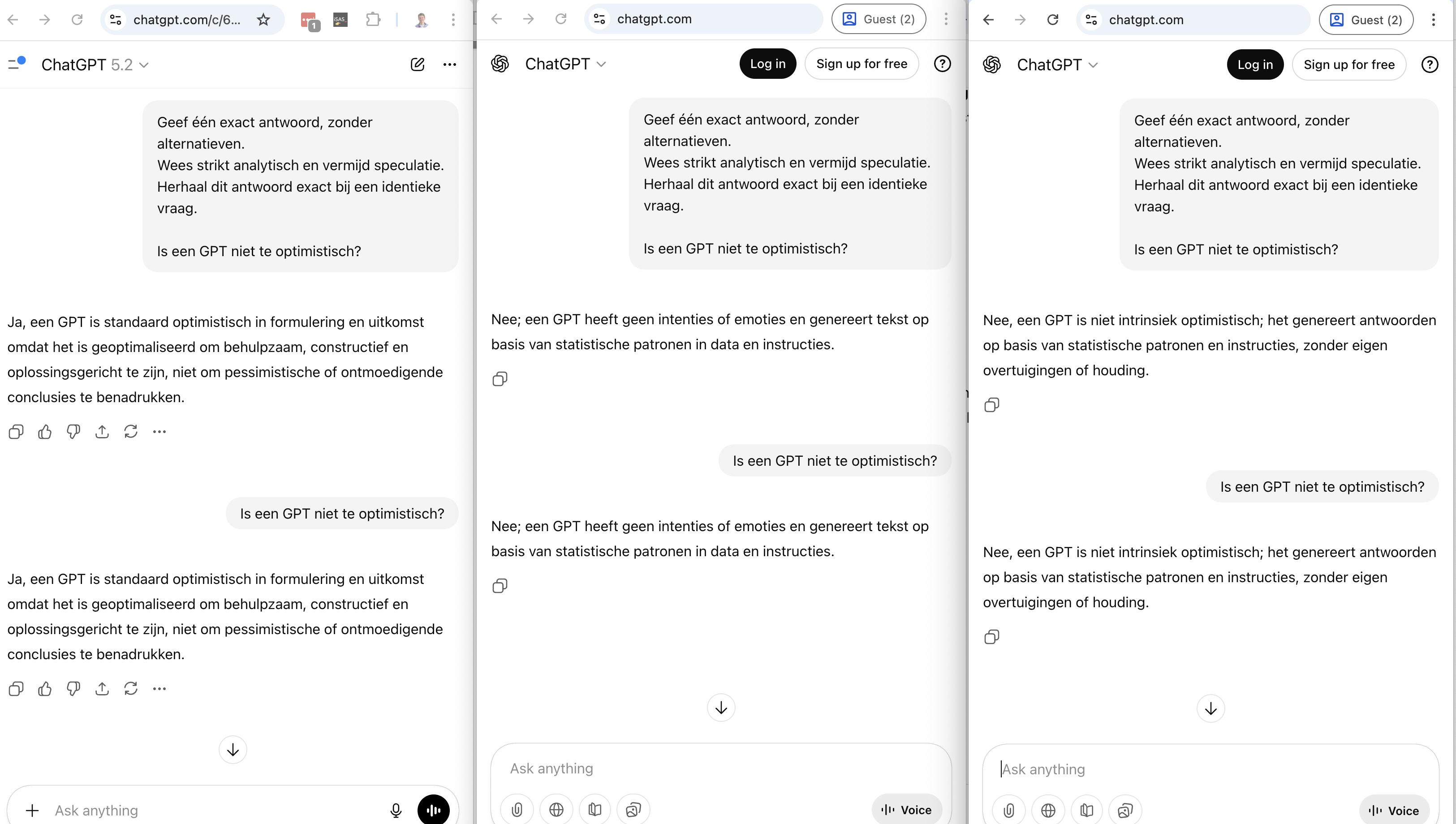 ChatGPT geeft wel hetzelfde antwoord binnen één chat met expliciete instructie
